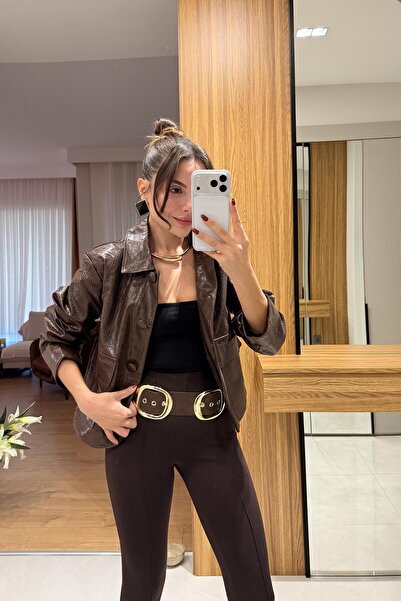 Gizem Ecemiş Meria Kahve Krokodil Dokulu Ceket