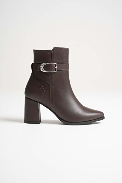 ANALİN SHOES Women's genuine leather buckle heeled boots - coffee