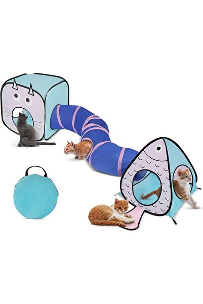 Saharaz Cat Toy Tunnel and Cubes Bundle - Interactive Crinkle Collapsible Cat Tube and Foldable Cubes