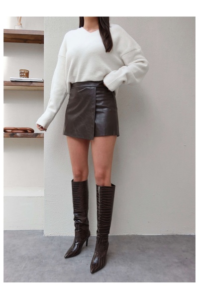 ESRAHELVACI Piele amară maro fustă pantalon scurtă