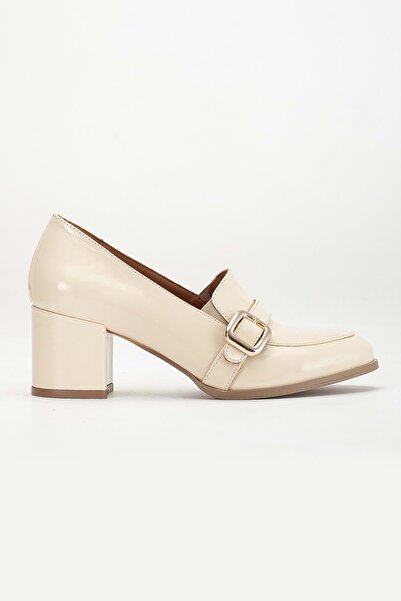 ANALİN SHOES Women's Genuine Leather Buckle Detailed Heeled Shoes - Beige Patent Leather