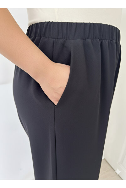 My ELİF Tekstil Black Elastic Wide-Leg Woven Plus Size Pants