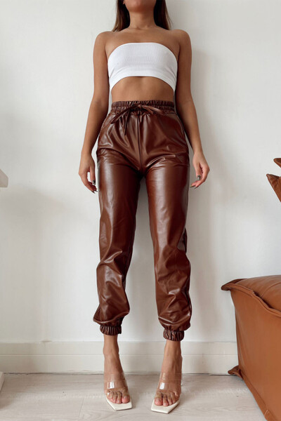 FashionForYou Jezebel high waisted -leather pants with drawstring, Brown