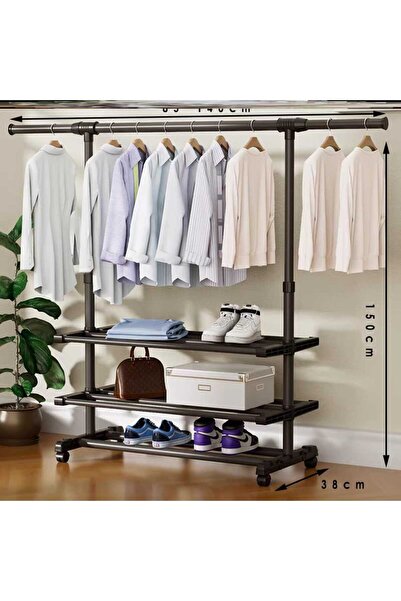 Noor علاقة ملابس حديد مكونة من علاقة و 3 من الرفوف , بعجلات , لون اسود