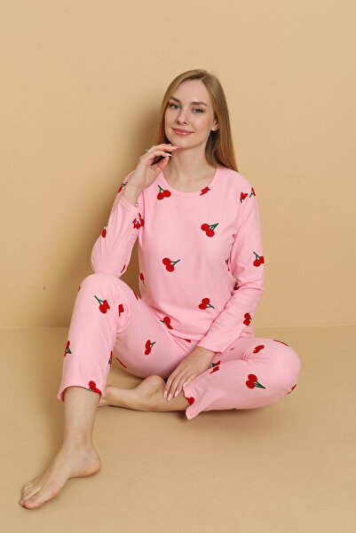 STELLAPİNK Süet Pembe Kiraz Desenli Uzun Kollu Pijama Takımı