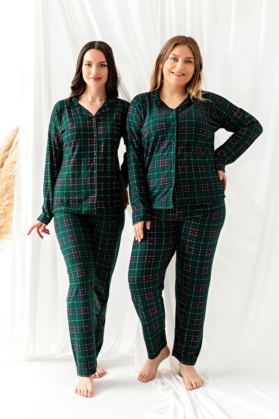 nisaNCa Plus Size Winter Buttoned Plaid Pattern New Year Themed Women's Suede Pajama Set