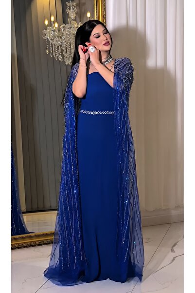 NHMODA İşlemeli Şifon Pelerin Detaylı Kare Yaka Abiye