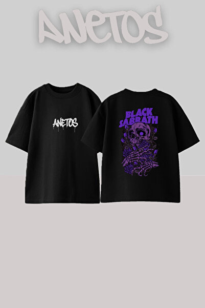 Anetos Μαύρο μπλουζάκι με στάμπα πλάτης Black Sabbath 3 Design, βαμβακερό μαύ...