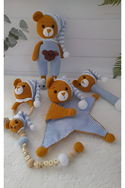 Jaju Baby Amigurumi Ayıcık 25 cm Çıngırak ve Emzik Zincirli Beşli Set