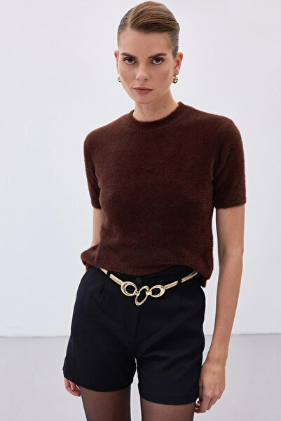 Sateen Sakallı Kısa Kol Triko - Kahve