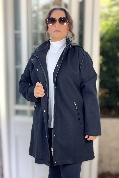 yagmurberen Oversize Women's Coat with Zipper and Zipper Closure, Removable Hood Lining