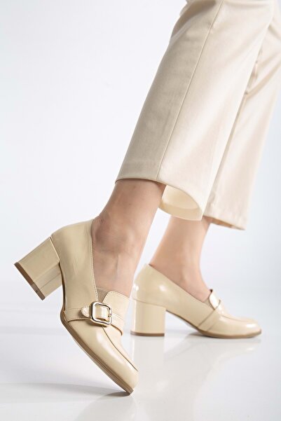 ANALİN SHOES Women's Genuine Leather Buckle Detailed Heeled Shoes - Beige Patent Leather