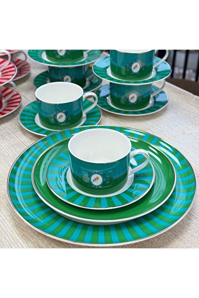 DGCHOME 19 Parça Prilla Porselen Pasta Seti Yeşil