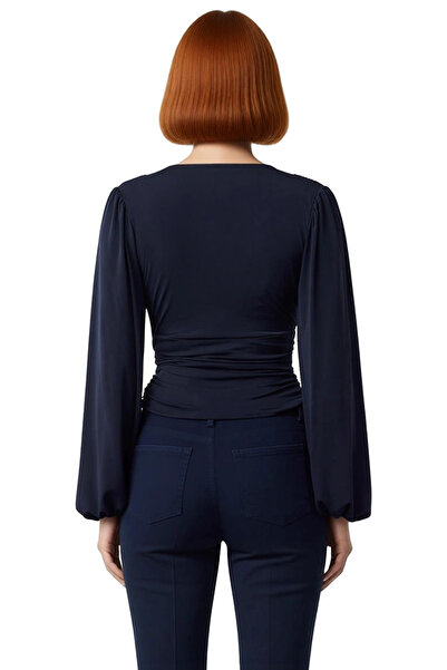 PayBuy Жіноча блузка з V-подібним вирізом, рукавами-ліхтариками, еластичним трикотажем та деталями круазе. Ідеальна для щоденного використання.