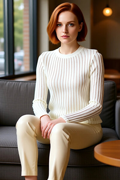 PayBuy Women's Fitted Crew Neck Long Sleeve Knitwear Look Knitted Blouse Cool and Comfortable for Daily Use