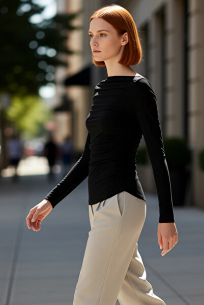 PayBuy Kadın Bordo Kayık Yaka Drapeli Fitted Esnek Örme Uzun Kollu Bluz Smart...