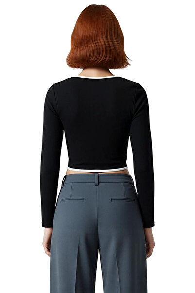 PayBuy Women's Color Block Ottoman Knitted Crop Blouse Zippered Pool Collar Standard Sleeve Daily Use