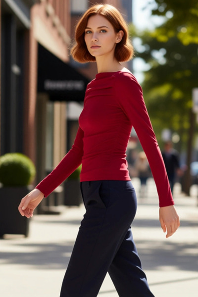 PayBuy Kadın Kayık Yaka Drapeli Fitted Esnek Örme Uzun Kollu Bluz Smart Casua...