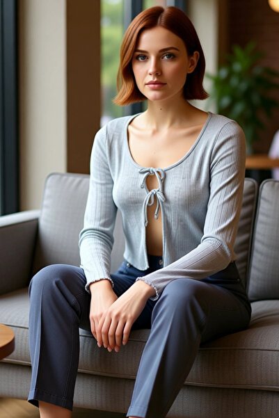 PayBuy Women's Tie-Up Detail Regular Fit Stretchy Knitted Blouse Stylish for Spring Autumn Casual Wear