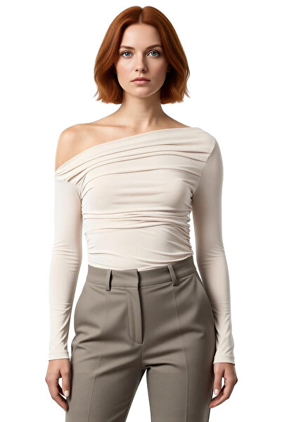 PayBuy Women's Burgundy Asymmetrical Neckline Ruched Detail Fitted Long Sleeve Stretchy Knitted Blouse for Daily Use