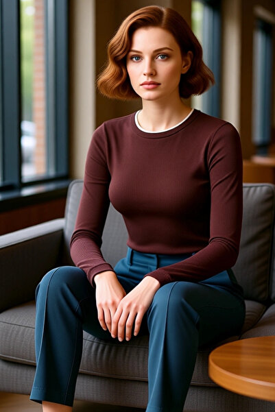 PayBuy Γυναικείο μονόχρωμο μπλουζάκι με λαιμόκοψη με μακρύ μανίκι, ελαστικό πλεκτό, ποιοτικό, κομψό, άνετο, μοντέρνο, κομψό καθημερινό