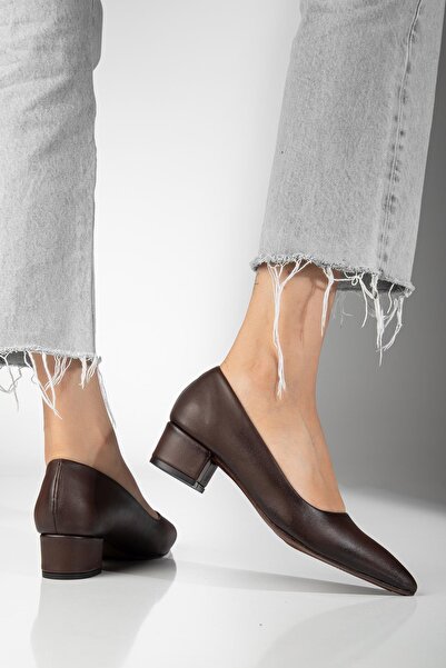 ALPELLİByAlp Women's Genuine Leather Brown Pointed Toe Special Design Classic Heeled Shoes