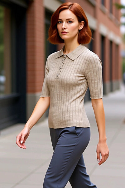 PayBuy Women Corded Fabric Knitwear Polo Collar Short Sleeve Quality Stylish Comfortable Modern Elegant Casual