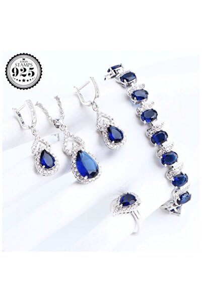 OEM Set elegant de bijuterii placate cu argint 925, cu cristale de zirconiu albastru-safir