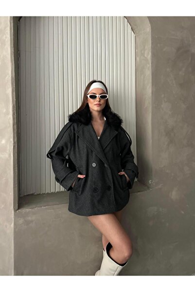 FERZOLAİO Furry Modern Anthracite Cashmere Coat