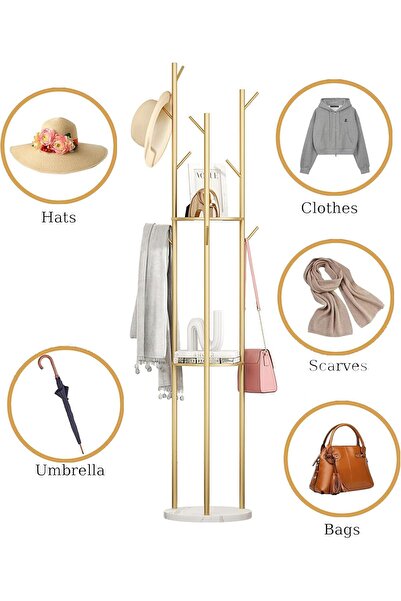 Chulovs Modern freestanding metal coat rack with natural marble base, 1.7 m tall, 5-hook hall stand