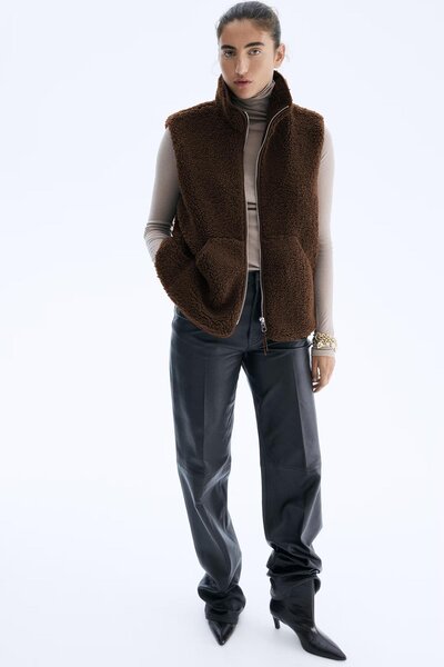 Madmext Kahverengi Dik Yaka Kadın Peluş Yelek MG2578