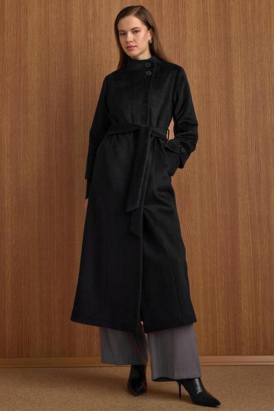 Olcay Hakim Ribbed Collar Detailed Long Mohair Coat Black 3160