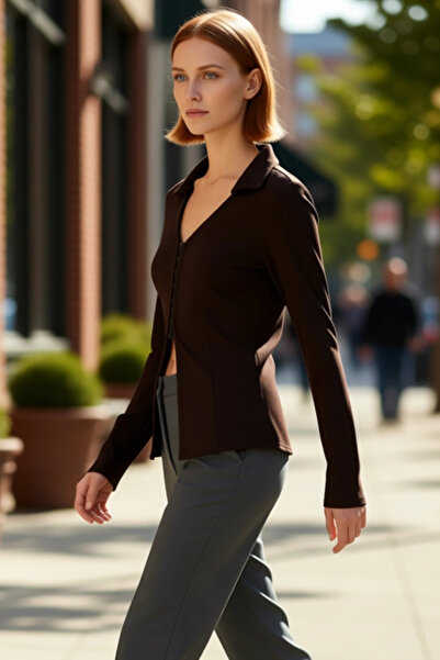 PayBuy Γυναικεία πλεκτή ελαστική μπλούζα με γιακά πόλο με αγκράφα Μια κομψή και άνετη επιλογή Ποιοτική κομψή άνετη μοντέρνα