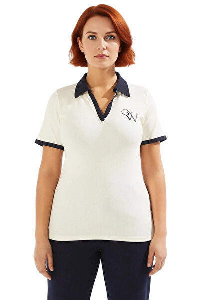 PayBuy Women's Plus Size Polo Neck Embroidery Detailed Corded Fabric Knitted Blouse Quality Stylish Comfortable Modern Elegant