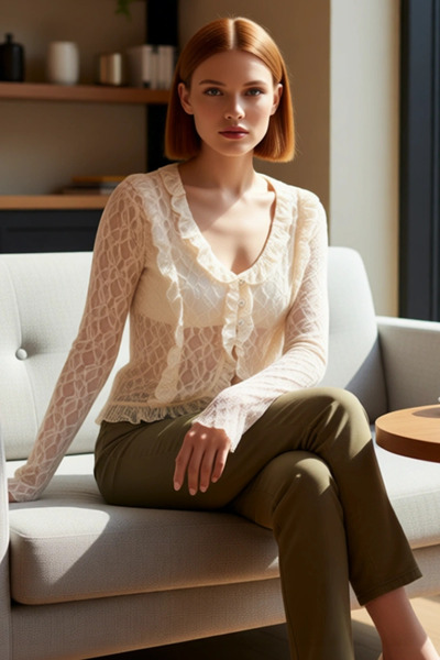 PayBuy Women's V-Neck Ruffle Detail Flare Sleeve Stretchy Knitted Crop Blouse Quality Stylish Comfortable Modern Elegant