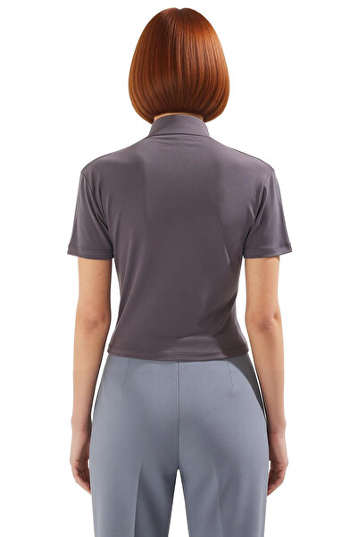 PayBuy Fitted Stand Collar Short Sleeve Stretchy Knitted Blouse Summer Casual Distinguished Material Long Lasting