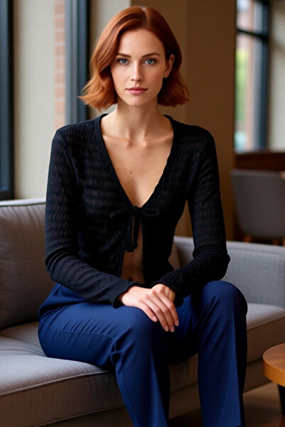 PayBuy Women's Textured V-Neck Tie Detail Stretchy Knitted Crop High Quality Stylish Comfortable Modern Elegant Casual