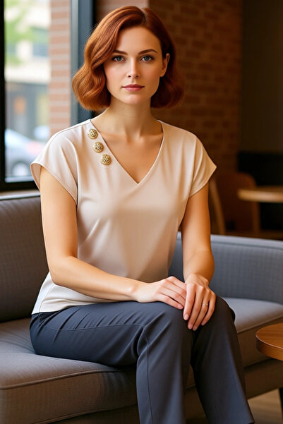 PayBuy Bluză obișnuită cu decolteu în V, cu mâneci în formă de mână, din material subțire cu nasturi, vară, calitate premium, material eminent