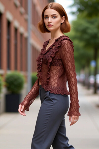 PayBuy Bluză crop pentru femei, cu decolteu în V, cu volane, cu mâneci evazat...