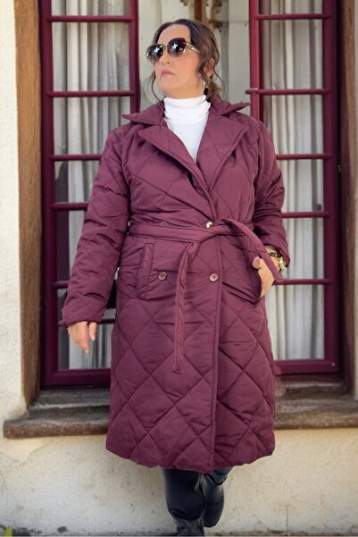 yagmurberen Belted Lining Double-Breasted Closing Large Size Quilted Long Coat