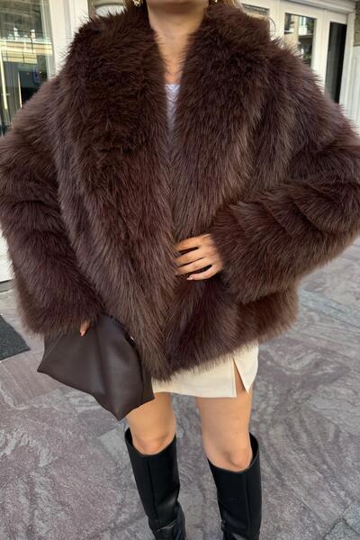 BERİ BUTİK Γυναικείο καφέ παλτό από ψεύτικη γούνα Premium