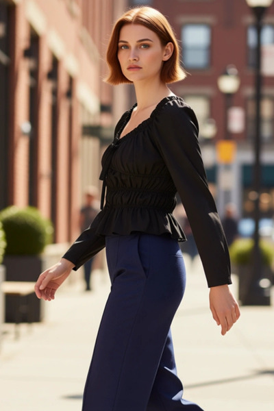 PayBuy Γυναικεία μπλούζα με λαιμόκοψη με φιόγκο με λεπτομέρεια Peplum υφαντό ...