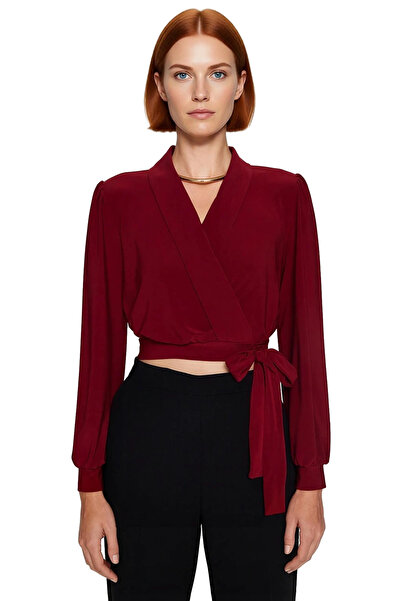 PayBuy Women's Double-Breasted V-Neck Long Sleeve Crop Blouse Stretchy Knitted Fabric Smart Cut Spring Autumn