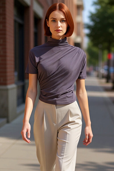 PayBuy Fitted Stand Collar Short Sleeve Stretchy Knitted Blouse Summer Casual Distinguished Material Long Lasting