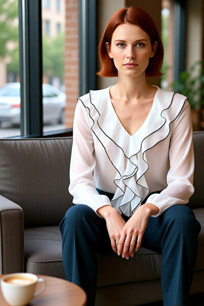 PayBuy Women's V-Neck Balloon Sleeve Detailed Chiffon Blouse Quality Stylish Comfortable Modern Elegant Daily