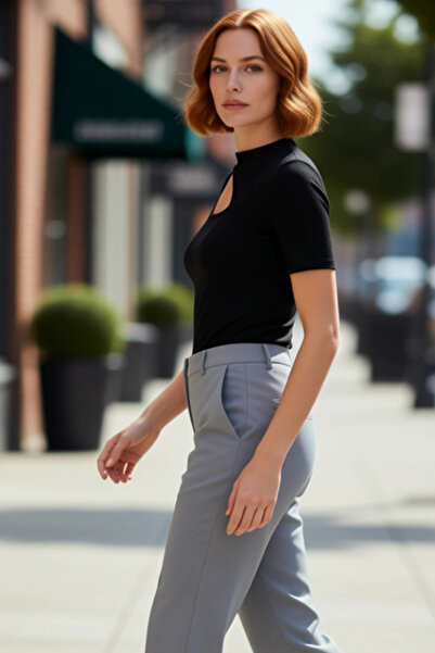 PayBuy Bluză pentru femei cu detalii decupate guler rotund Crop material reiat Elastic din material subțire Ideală pentru purtarea zilnică