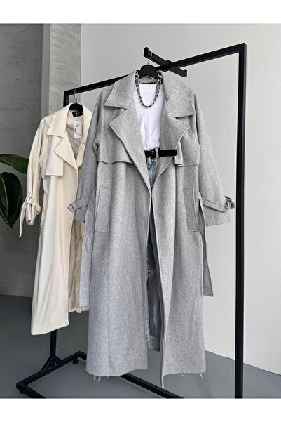 FERZOLAİO Trend Buttonless Gray Cashmere Coat