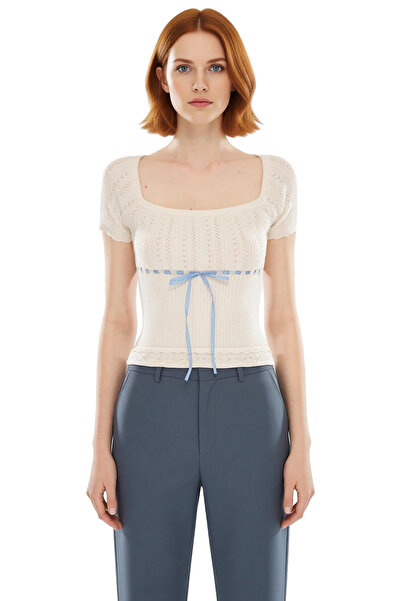 PayBuy Women's Square Neck Lace-Like Knit Slim Knitwear Blouse Short Sleeves and Crop Cut Quality Stylish Comfortable