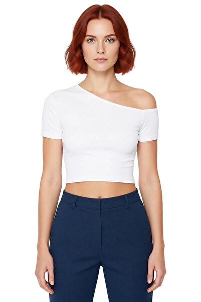 PayBuy Women Asymmetrical Neckline Short Sleeve Cotton Knitted Crop Quality Stylish Comfortable Modern Elegant Casual