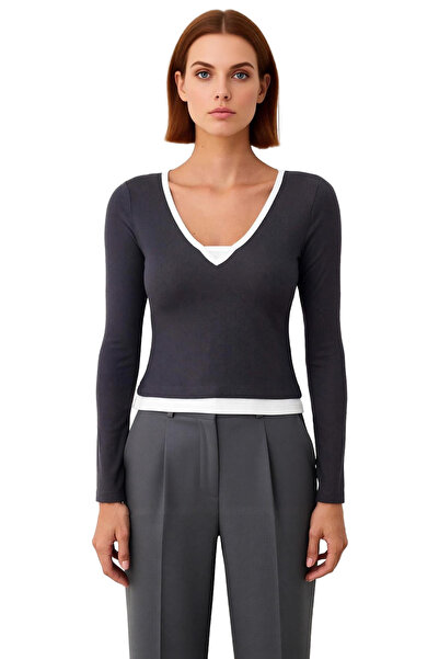 PayBuy Women's V-Neck Striped Fitted Long Sleeve Cotton Ribbed Knit Blouse Quality Stylish Comfortable Modern Elegant